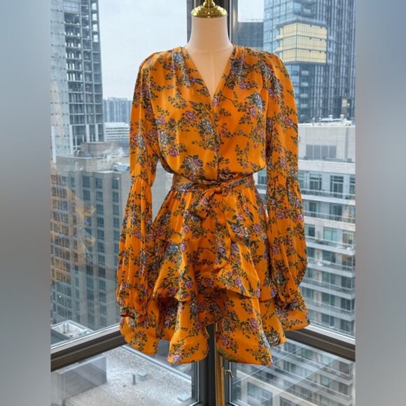 🆕 BRONX & BANCO 🧿NWOT Hanna Floral Tiered Ruffle Mini Dress, Marigold Sz M US6 - Picture 3 of 12